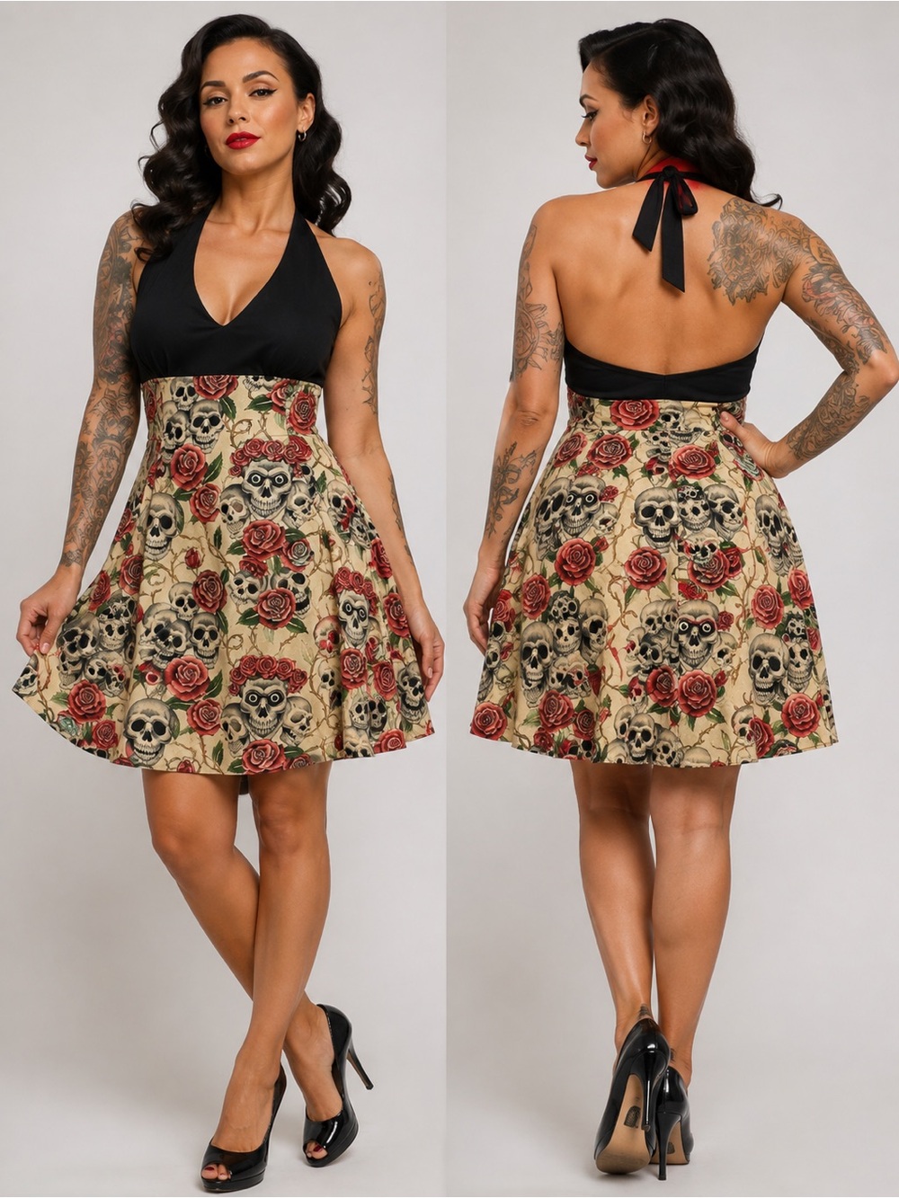 Rockabilly Skull & Rose Halter Dress Retro Pinup A-Line Skater Dress Sz XL